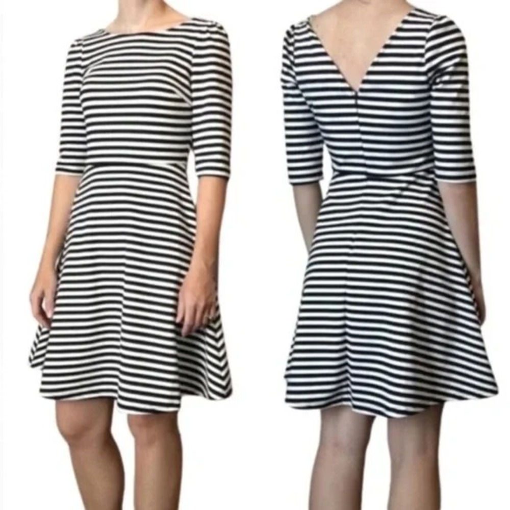 Pixley Black & White Stripe Fit & Flare Low Back Dress 3/4 Sleeve Small Parisian